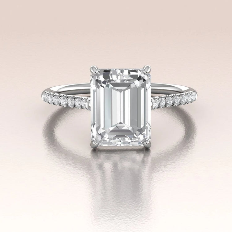 14K White Gold Emerald Cut Moissanite Engagement Ring with Diamonds
