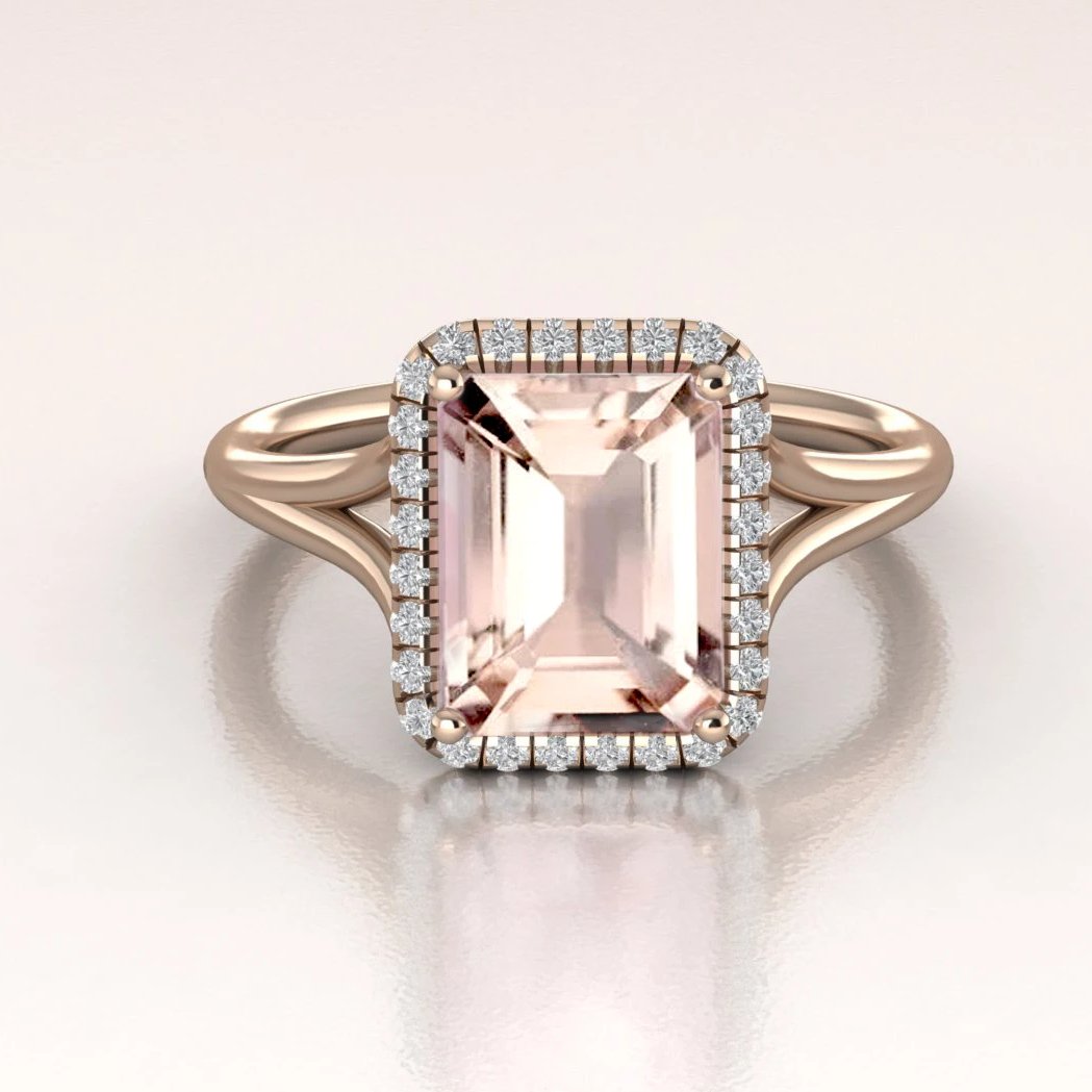 14K Rose Gold Morganite Emerald Cut Diamond Halo Engagement Ring