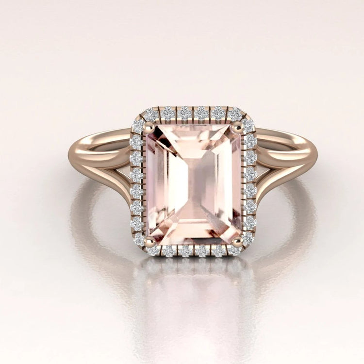 14K Rose Gold Morganite Emerald Cut Diamond Halo Engagement Ring
