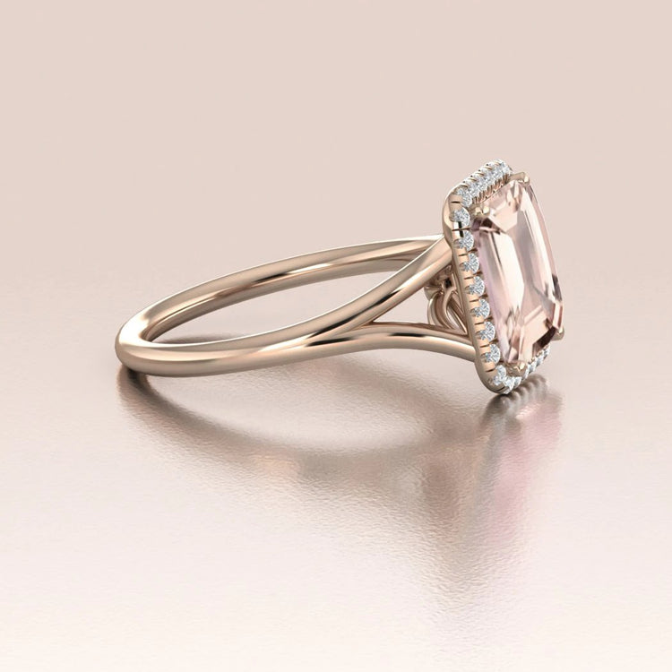 14K Rose Gold Morganite Emerald Cut Diamond Halo Engagement Ring
