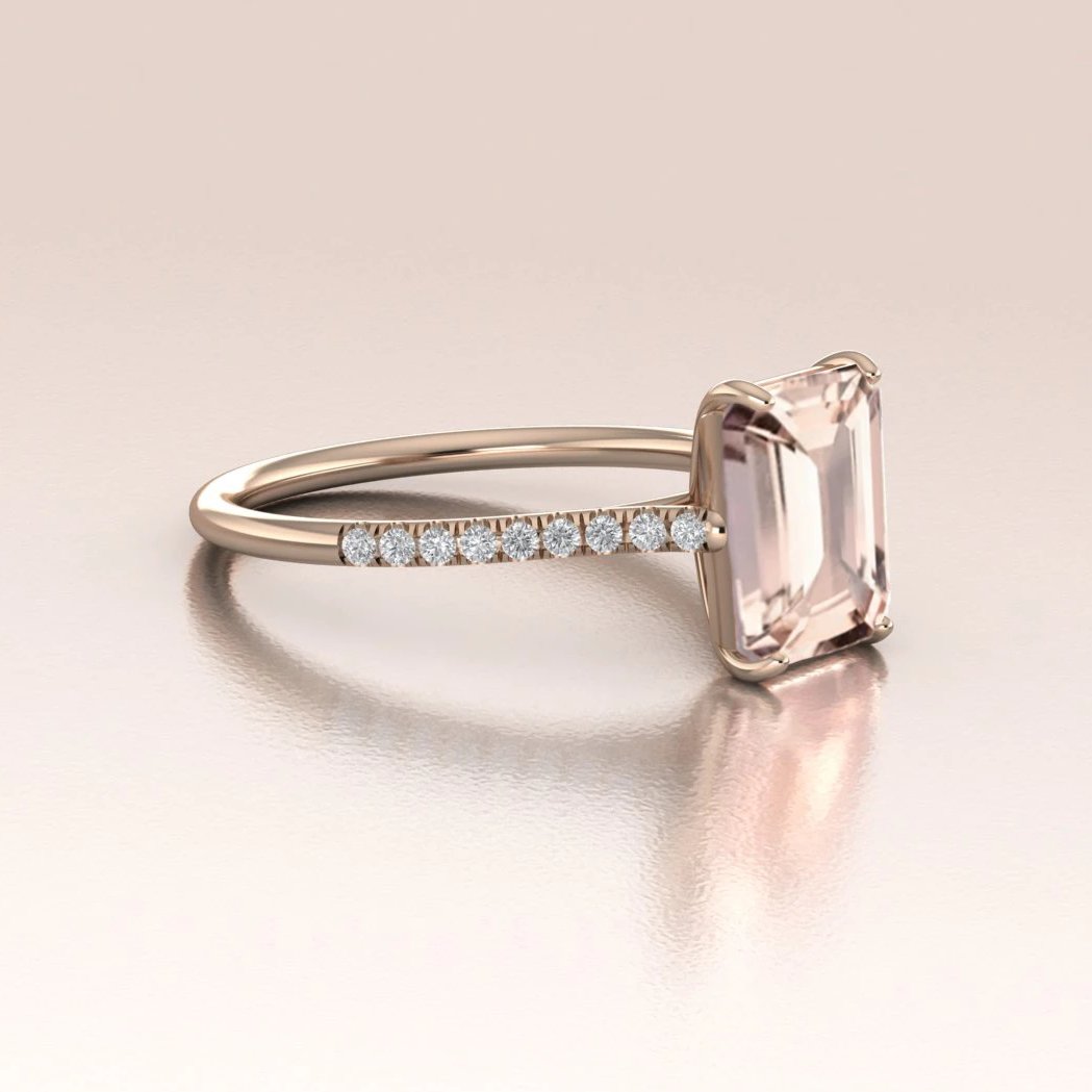 LIONNA - 14K Rose Gold Emerald Cut Morganite Engagement Ring with Diamonds