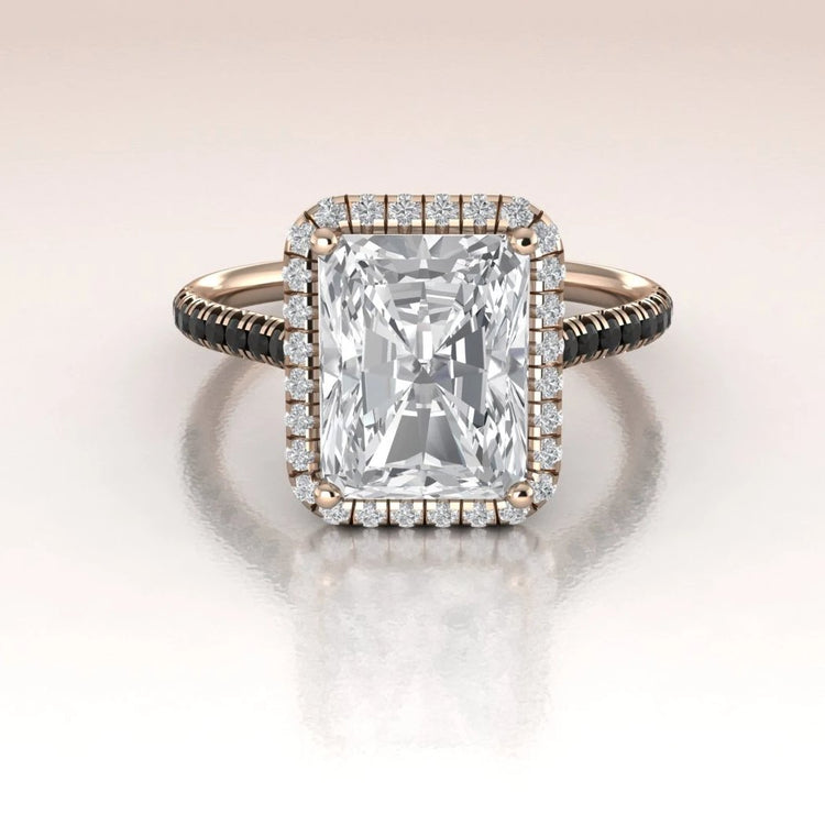14k Rose Gold Emerald Cut Moissanite Engagement Ring with Diamond Halo
