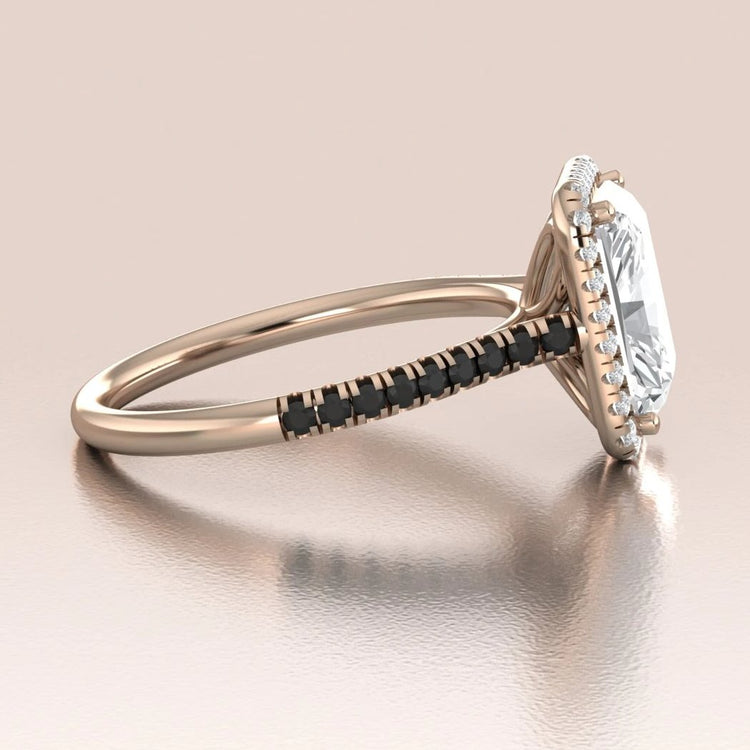 14k Rose Gold Emerald Cut Moissanite Engagement Ring with Diamond Halo
