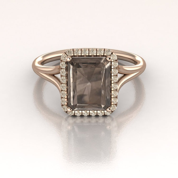 Emerald cut Smoky Quartz Engagement Ring Diamond Halo 14K Rose Gold
