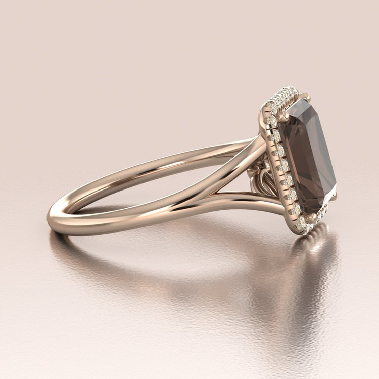 Emerald cut Smoky Quartz Engagement Ring Diamond Halo 14K Rose Gold
