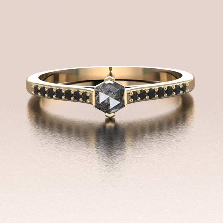 14K Gold Unique Salt and Pepper Hexagon Diamond Ring
