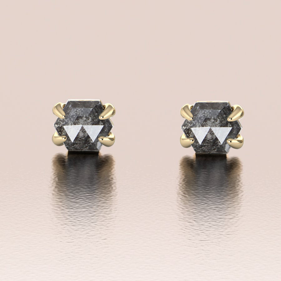 14K Gold Unique Salt and Pepper Hexagon Earrings
