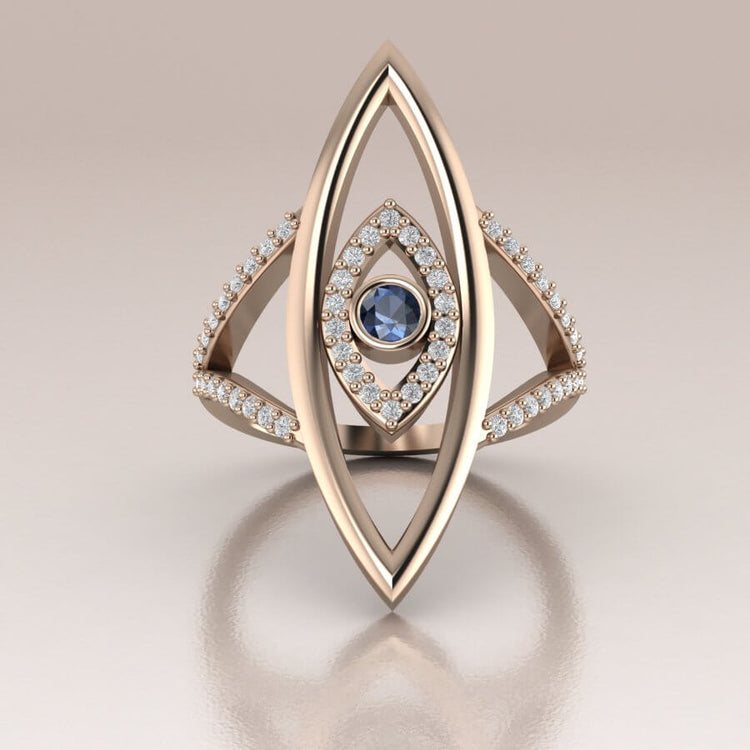 Double Evil Eye Ring 14K Gold Blue Sapphire White Diamonds
