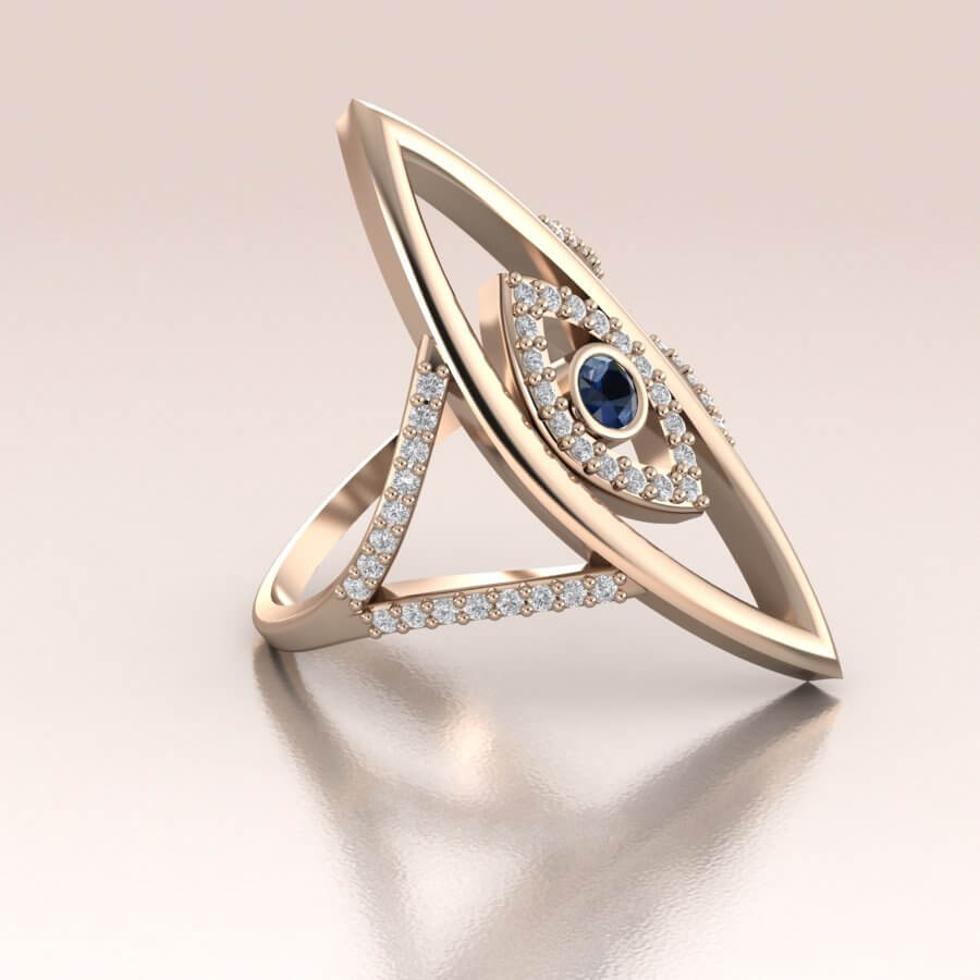 Double Evil Eye Ring 14K Gold Blue Sapphire White Diamonds