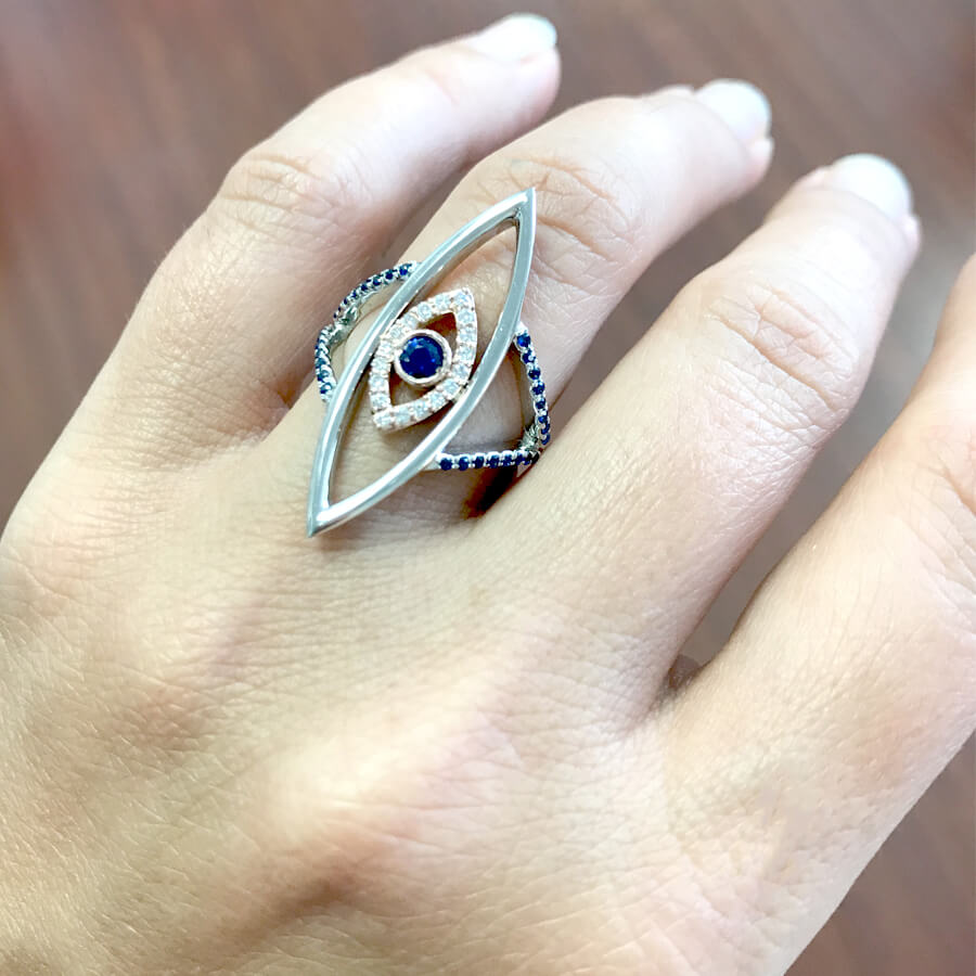 Double Evil Eye Ring 14K Gold Blue Sapphire White Diamonds