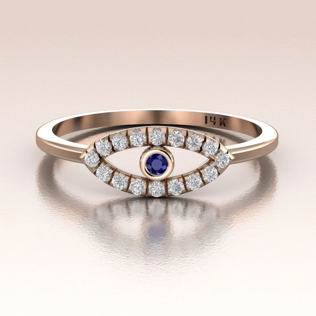 14K Gold Diamond Evil Eye Blue Sapphire Ring