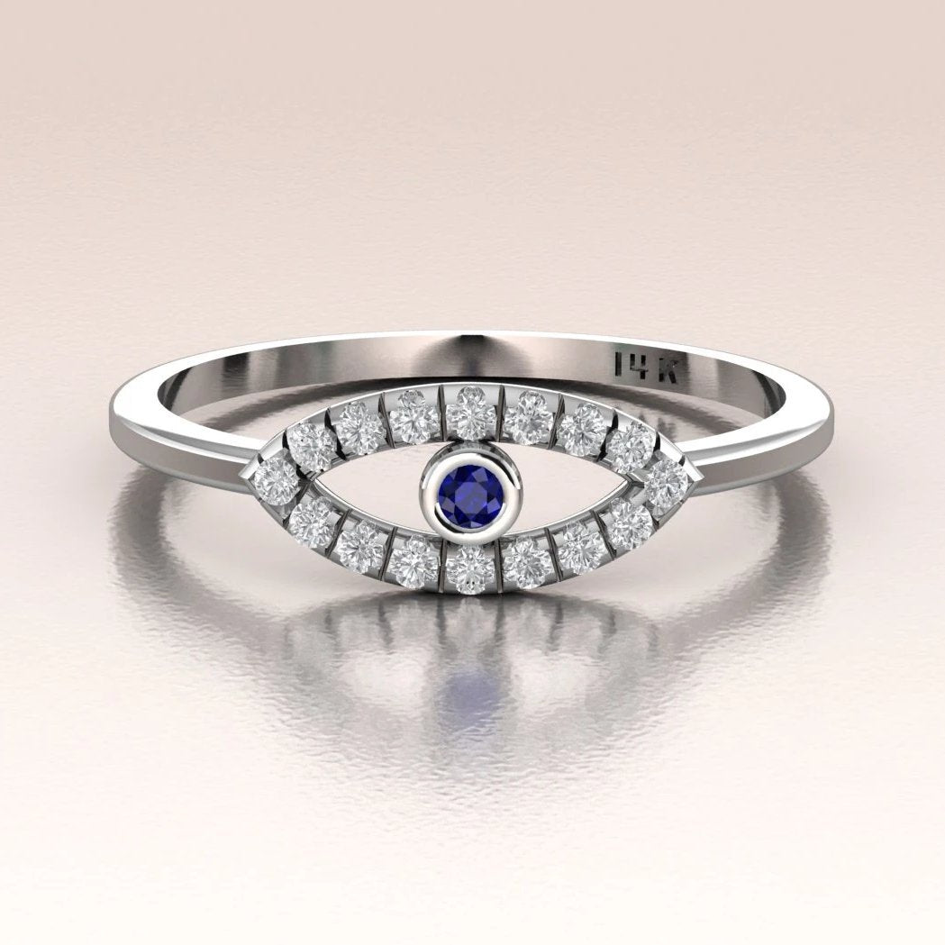 14K Gold Diamond Evil Eye Blue Sapphire Ring