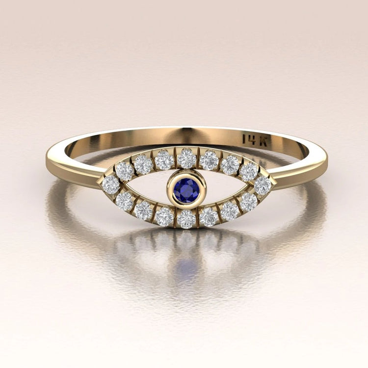 14K Gold Diamond Evil Eye Blue Sapphire Ring
