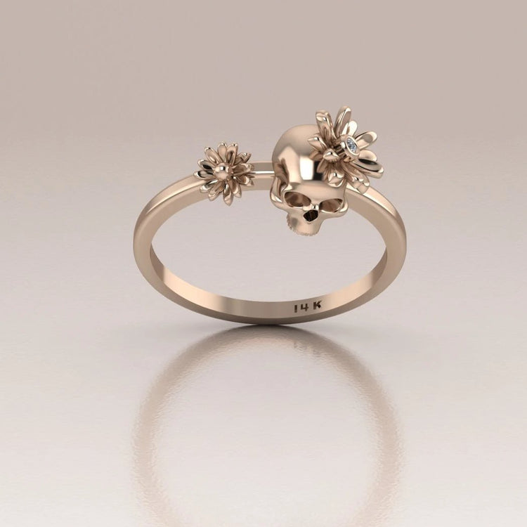 14k Gold Day of the Dead Ring with White Diamond in the Flower
