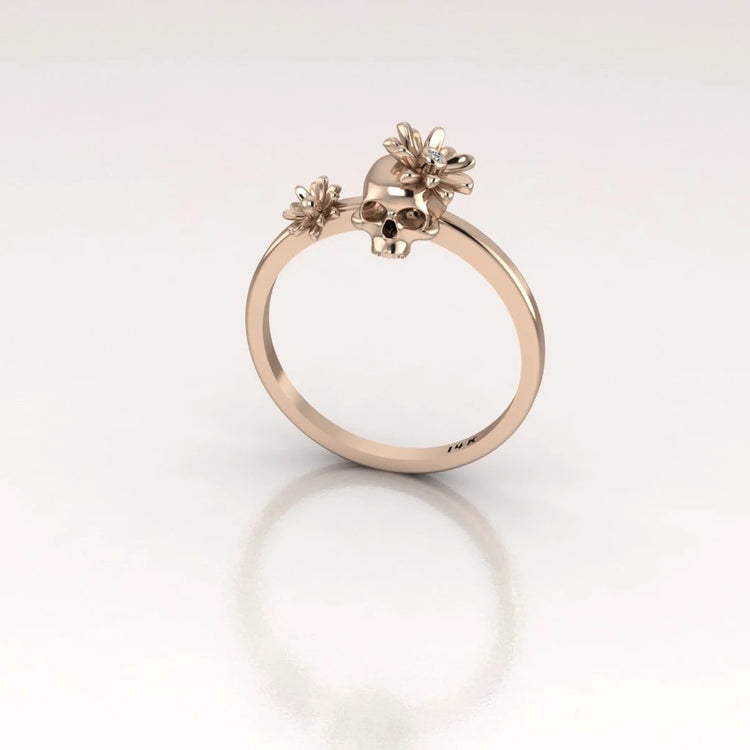 14k Gold Day of the Dead Ring with White Diamond in the Flower
