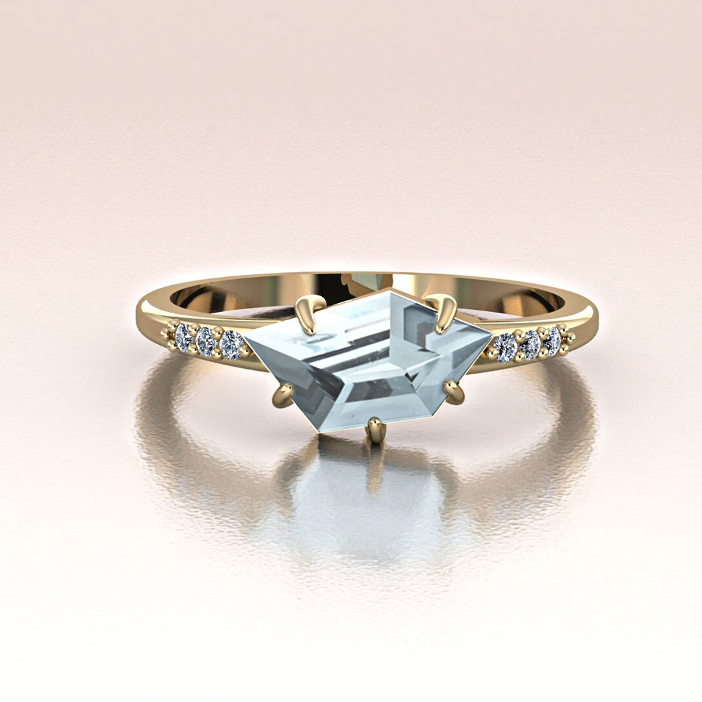 14k Yellow Gold Unique Asymmetrical Aquamarine Ring White Diamonds 