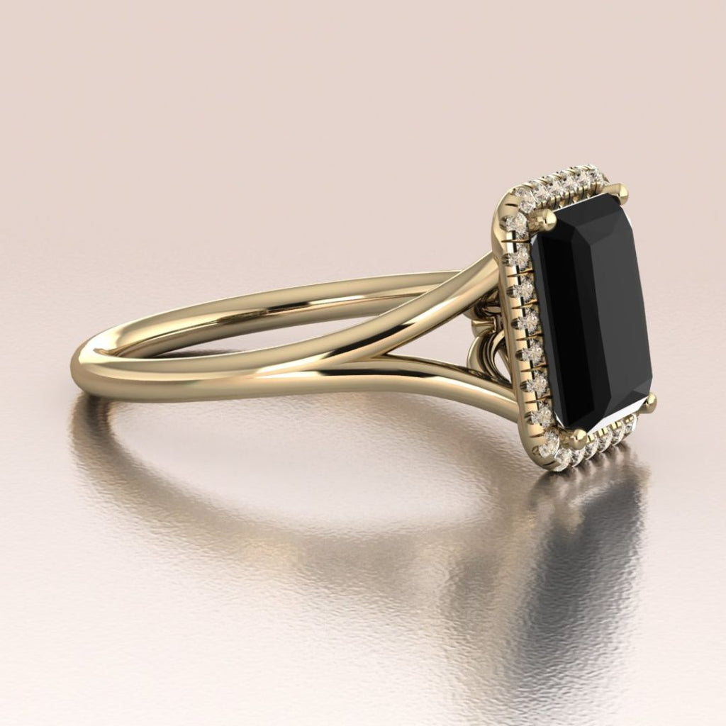 diamond halo black onyx engagement ring gold side view