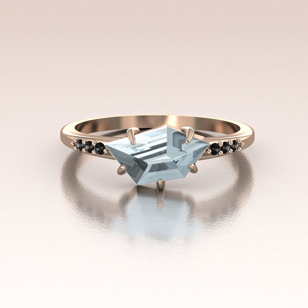 Unique Asymmetrical Aquamarine Ring with Black Diamonds