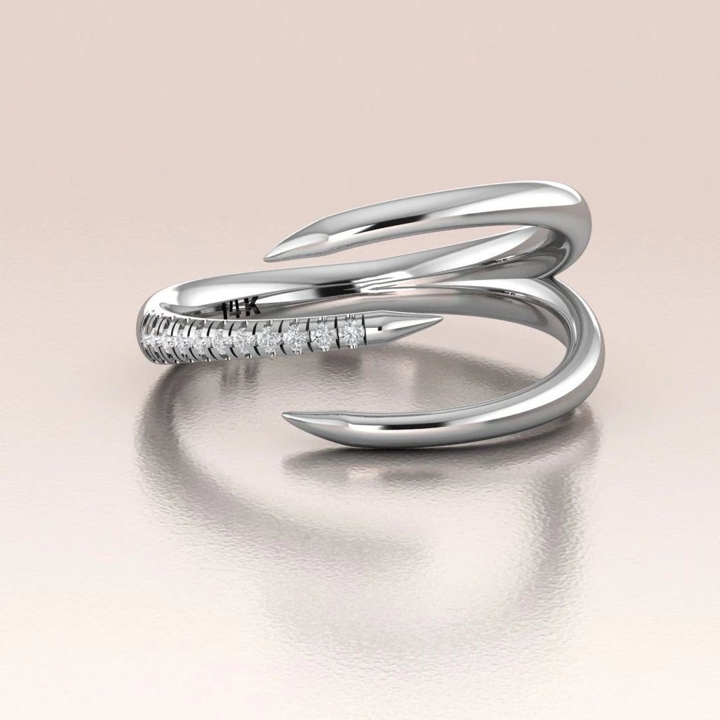 14K White Gold Claw Ring with White Diamonds