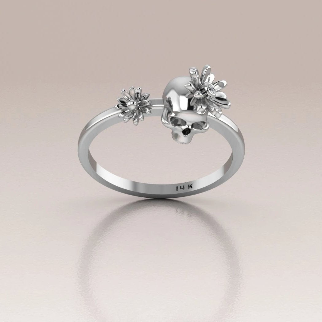 14k Gold Day of the Dead Ring with White Diamond in the Flower