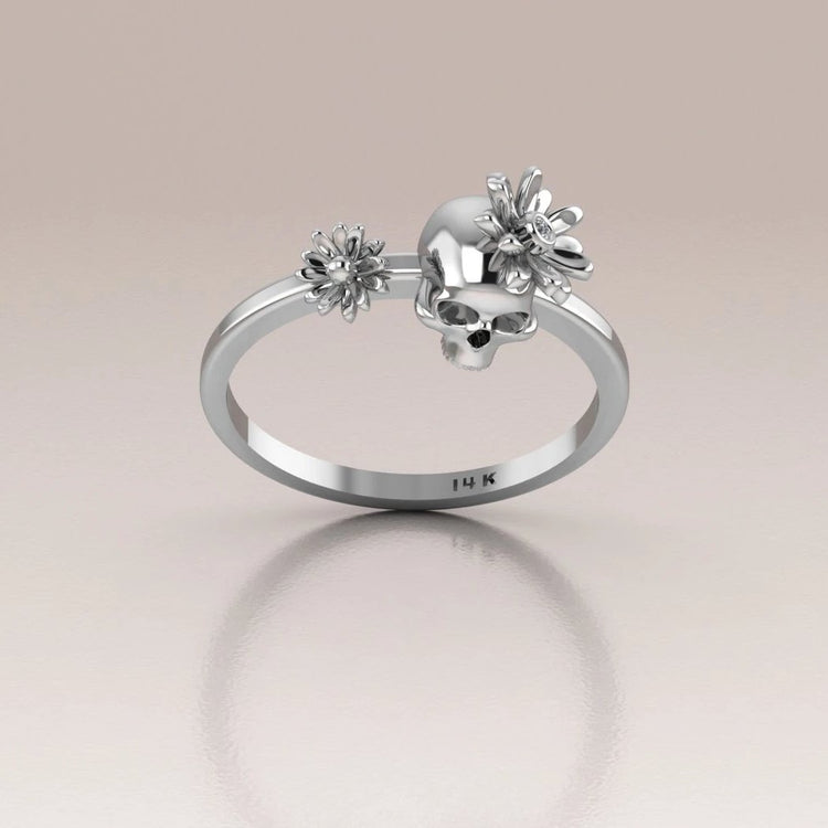 14k Gold Day of the Dead Ring with White Diamond in the Flower
