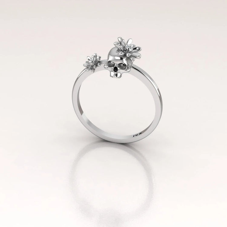 14k Gold Day of the Dead Ring with White Diamond in the Flower
