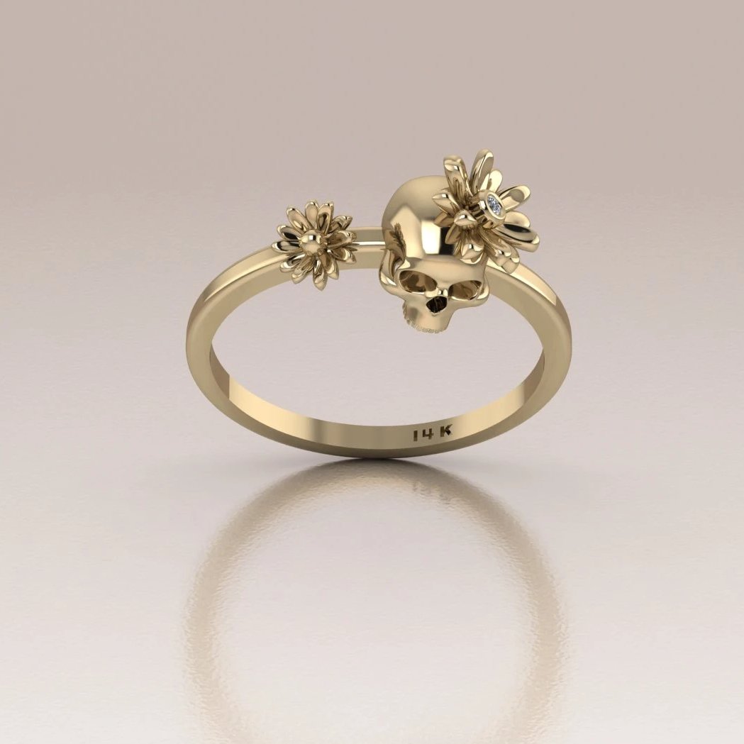 14k Gold Day of the Dead Ring with White Diamond in the Flower