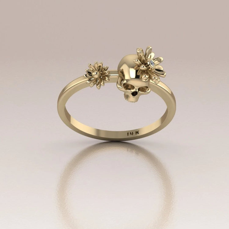 14k Gold Day of the Dead Ring with White Diamond in the Flower
