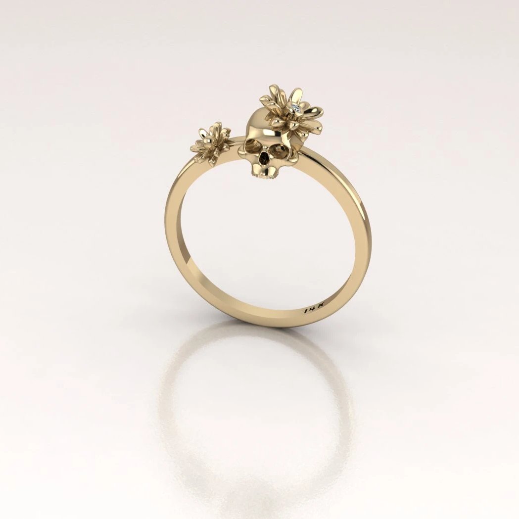 14k Gold Day of the Dead Ring with White Diamond in the Flower