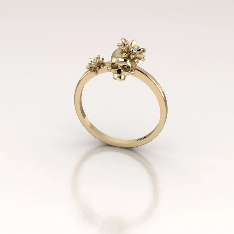14k Gold Day of the Dead Ring with White Diamond in the Flower
