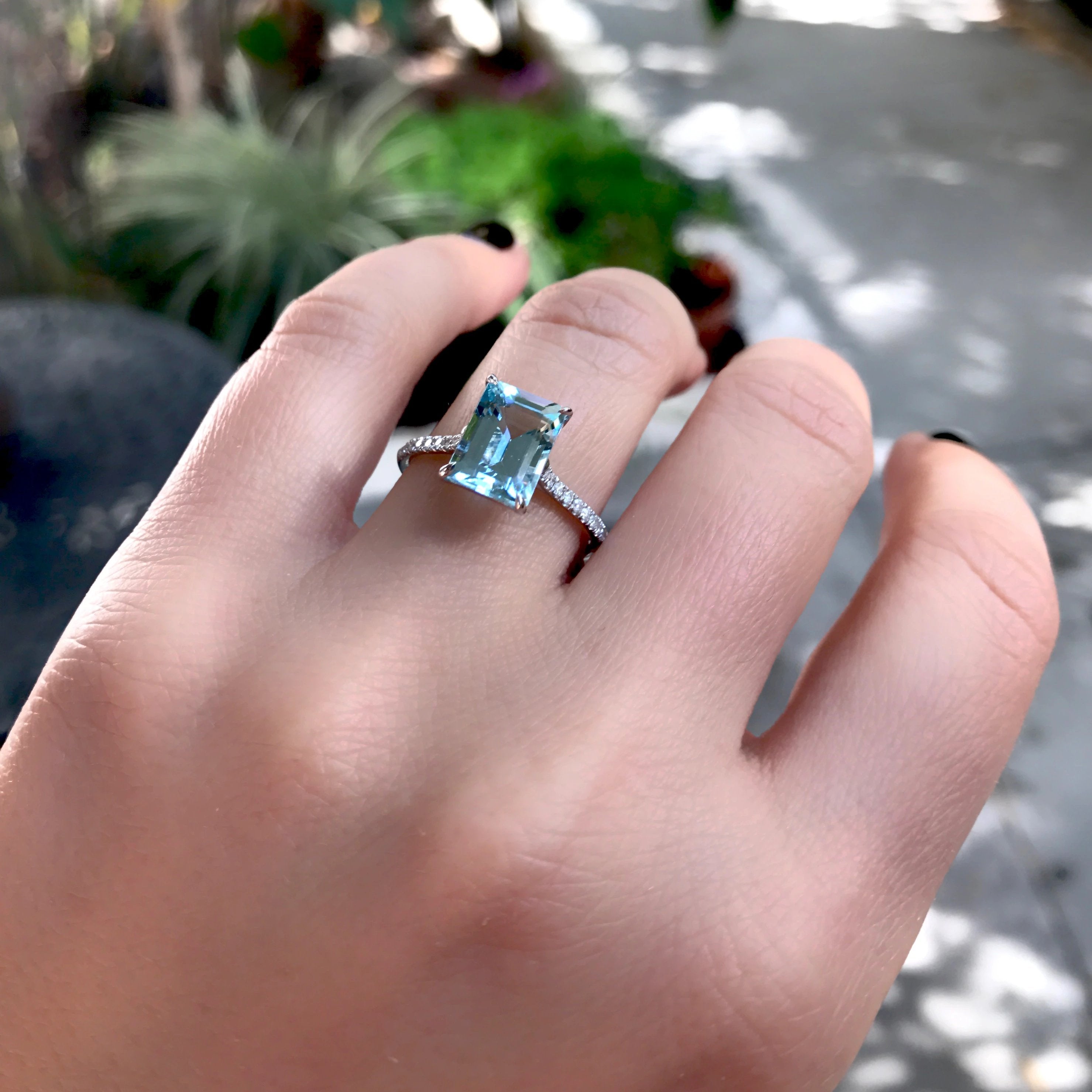 14K White Gold Emerald Cut Aquamarine Engagement Ring with Diamonds
