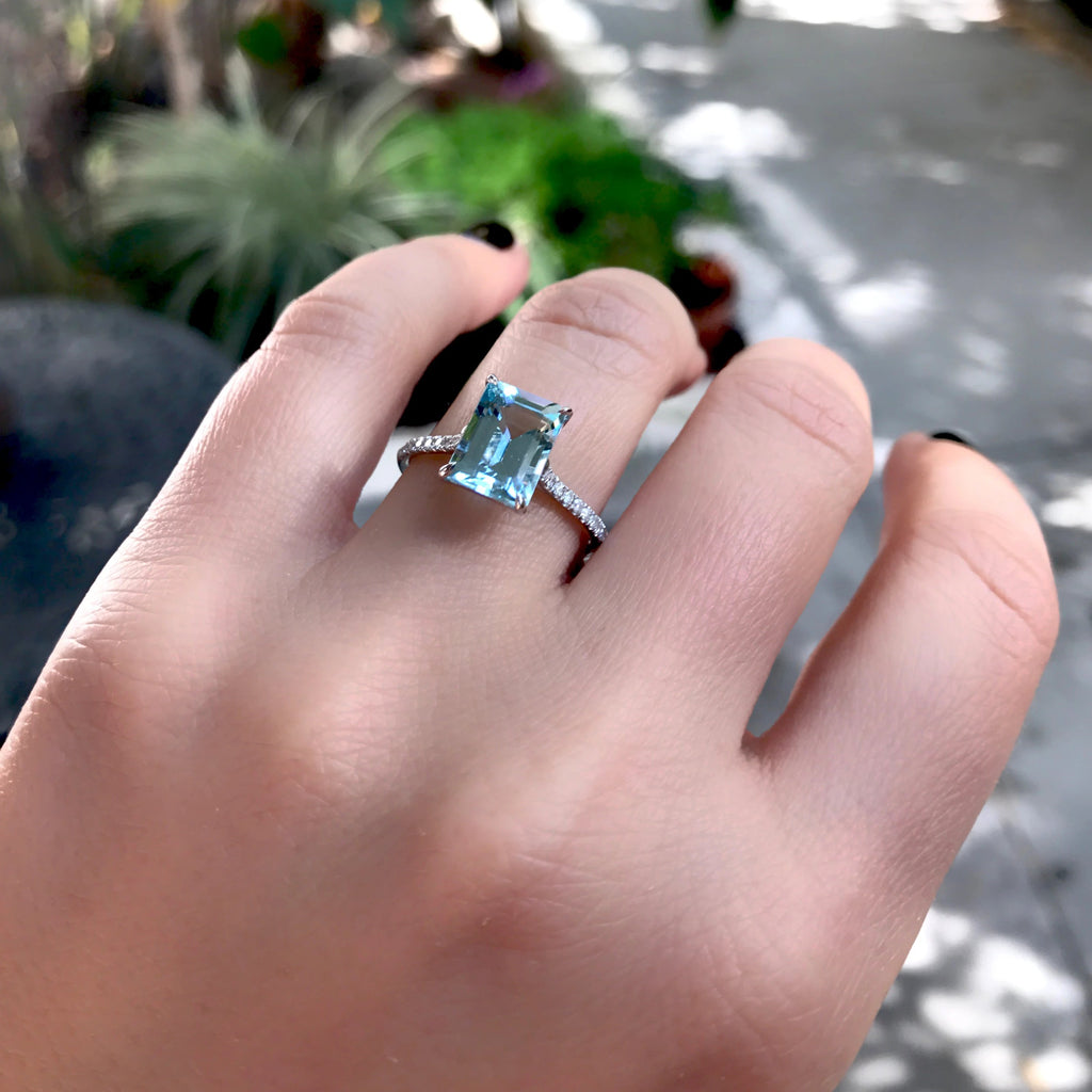 14K White Gold Emerald Cut Aquamarine Engagement Ring with Diamonds - ANTOANETTA