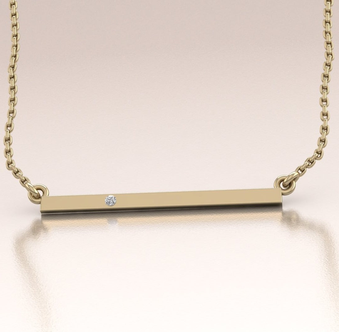 Delicate 14K Yellow Gold Bar Necklace with White Diamond
